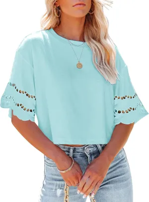 Yuccalley Women's Lace Short Sleeve Crop Tops Summer Casual Round Neck Tees