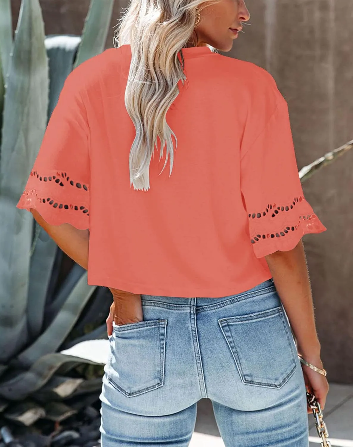 Yuccalley Women's Lace Short Sleeve Crop Tops Summer Casual Round Neck Tees