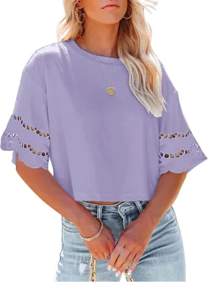 Yuccalley Women's Lace Short Sleeve Crop Tops Summer Casual Round Neck Tees