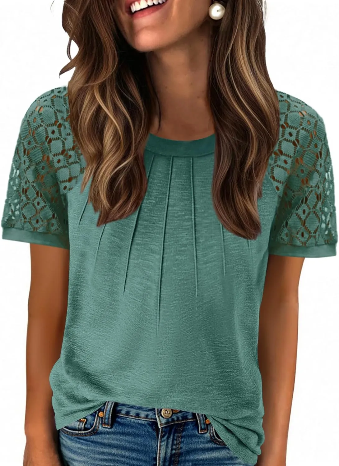 Zeagoo Womens Lace Short Sleeve Shirts Summer Tops Dressy Casual Tshirts Fashion Blouses Trendy Vacation Pleated Tees
