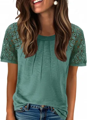Zeagoo Womens Lace Short Sleeve Shirts Summer Tops Dressy Casual Tshirts Fashion Blouses Trendy Vacation Pleated Tees