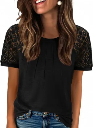 Zeagoo Womens Lace Short Sleeve Shirts Summer Tops Dressy Casual Tshirts Fashion Blouses Trendy Vacation Pleated Tees