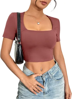 Zeagoo Women's Short Sleeve Crop Tops Double Lined Basic Slim Fit T Shirt Square Neck Summer Tees
