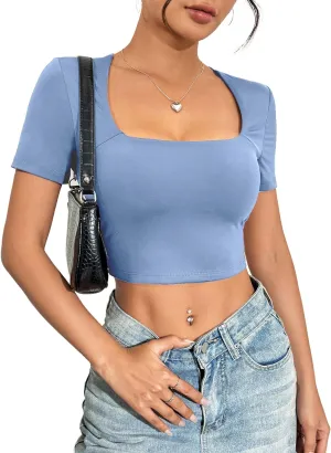 Zeagoo Women's Short Sleeve Crop Tops Double Lined Basic Slim Fit T Shirt Square Neck Summer Tees